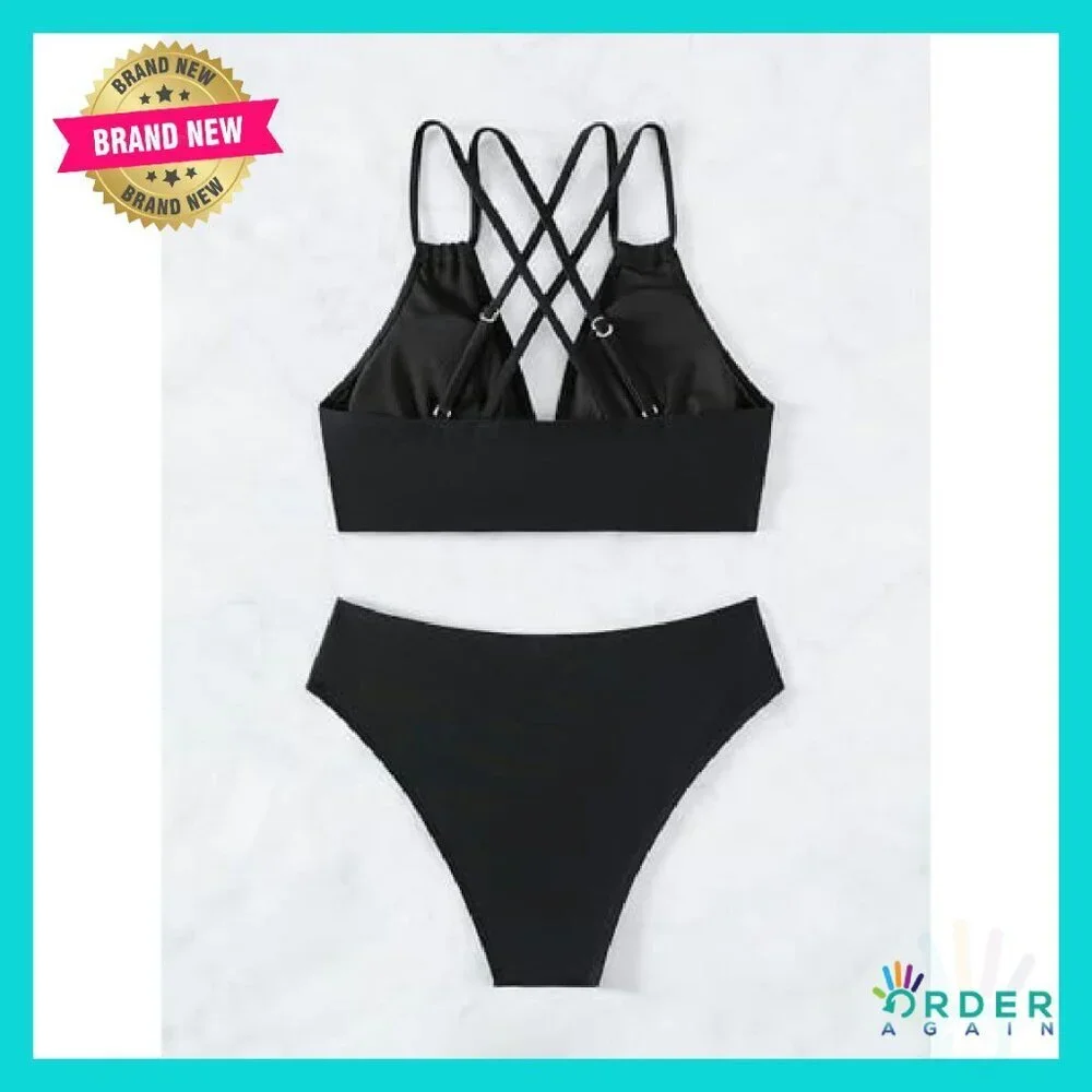 Sexy V Neck Bikini Set Hollow Out Cutout Mid Waist Two Piece Swimsuit